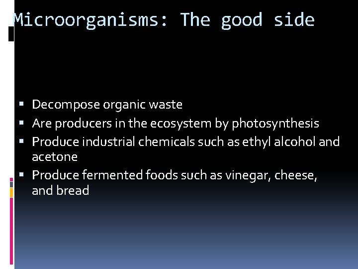 Microorganisms: The good side Decompose organic waste Are producers in the ecosystem by photosynthesis