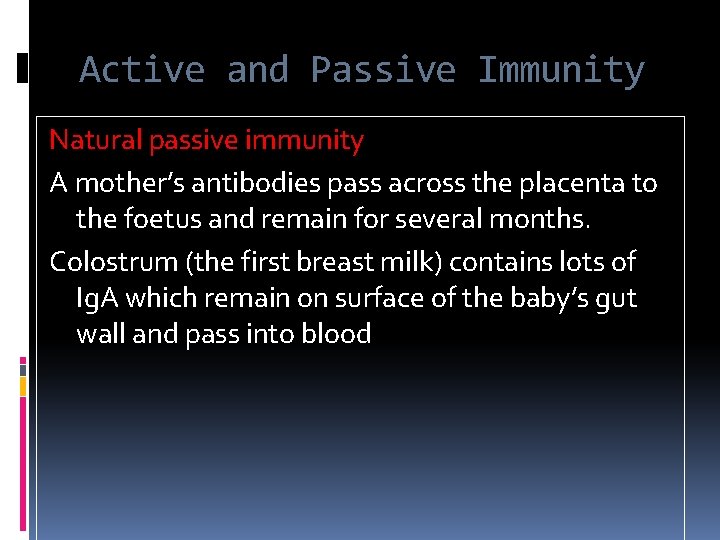 Active and Passive Immunity Natural passive immunity A mother’s antibodies pass across the placenta