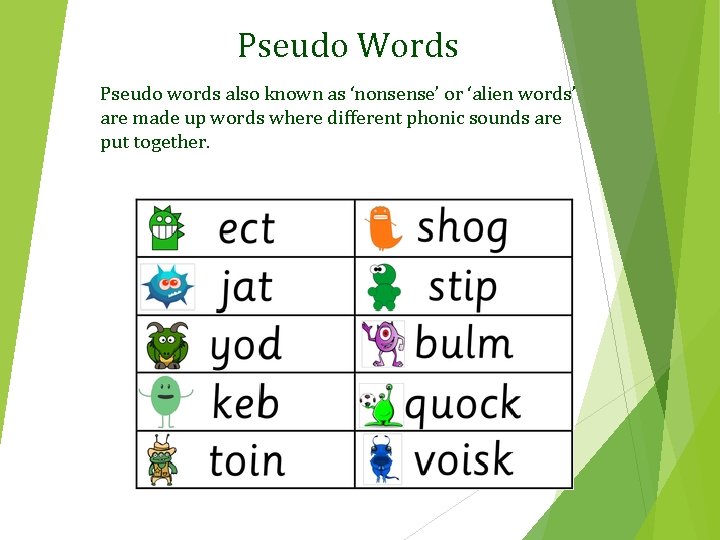 Pseudo Words Pseudo words also known as ‘nonsense’ or ‘alien words’ are made up