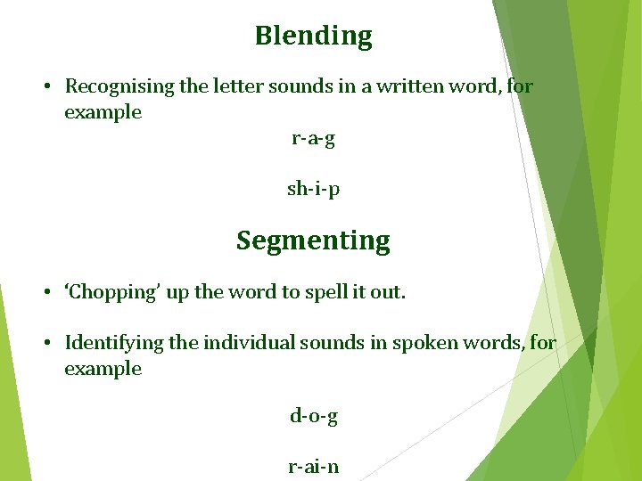 Blending • Recognising the letter sounds in a written word, for example r-a-g sh-i-p