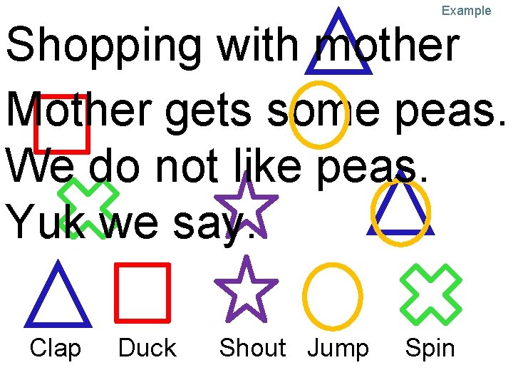Example Shopping with mother Mother gets some peas. We do not like peas. Yuk