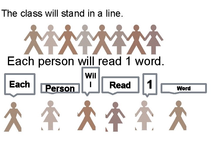 The class will stand in a line. Each person will read 1 word. Each