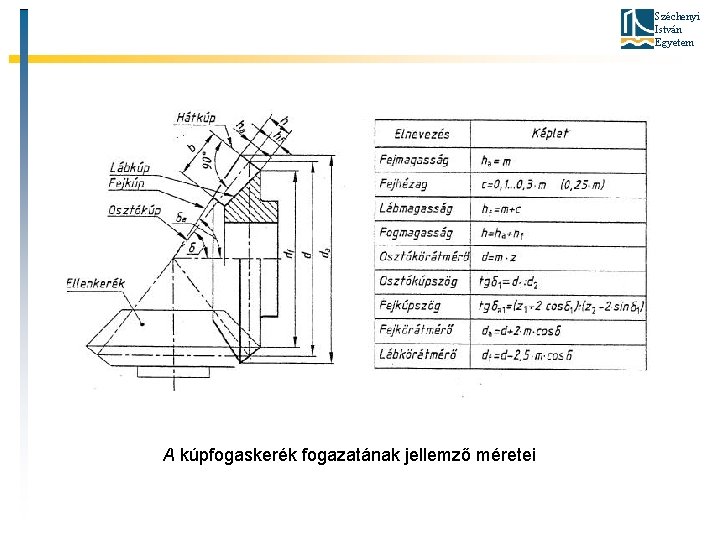 Széchenyi István Egyetem A kúpfogaskerék fogazatának jellemző méretei 
