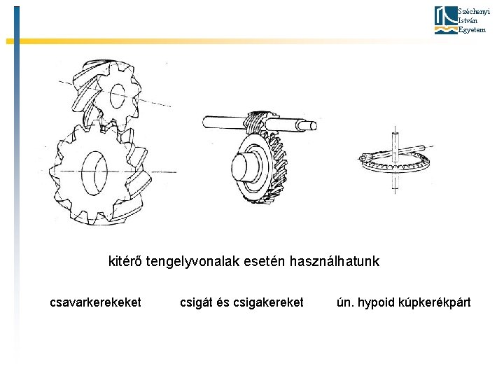 Széchenyi István Egyetem kitérő tengelyvonalak esetén használhatunk csavarkerekeket csigát és csigakereket ún. hypoid kúpkerékpárt
