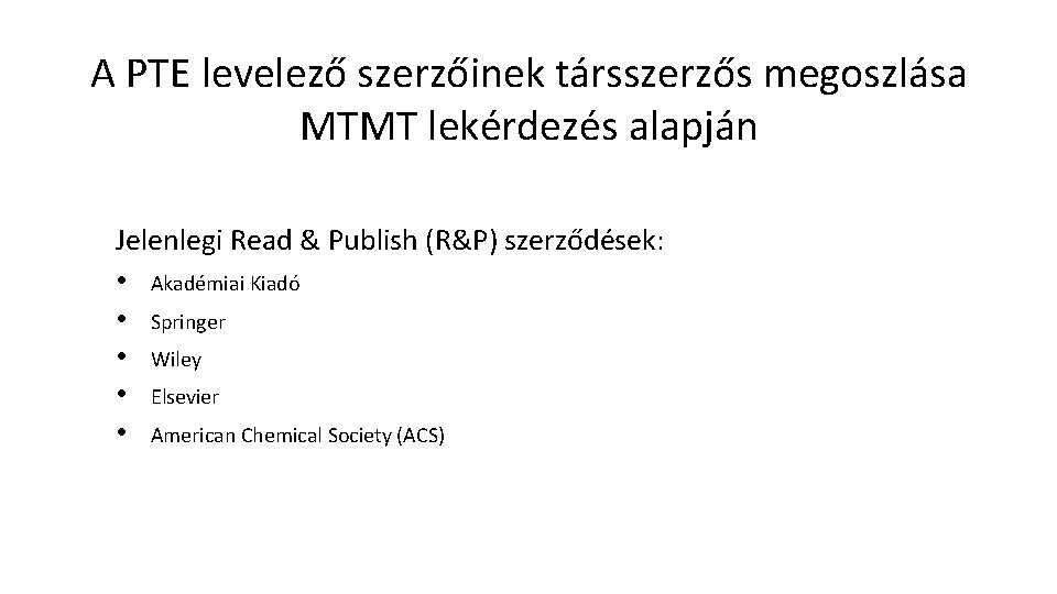 A PTE levelező szerzőinek társszerzős megoszlása MTMT lekérdezés alapján Jelenlegi Read & Publish (R&P)