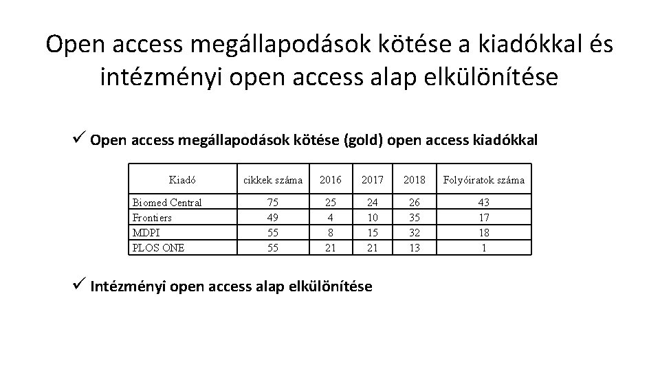Open access megállapodások kötése a kiadókkal és intézményi open access alap elkülönítése ü Open