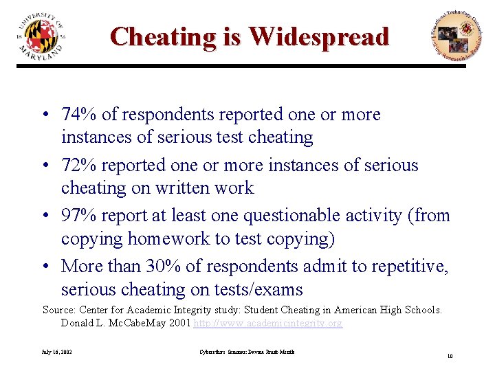 Cheating is Widespread • 74% of respondents reported one or more instances of serious