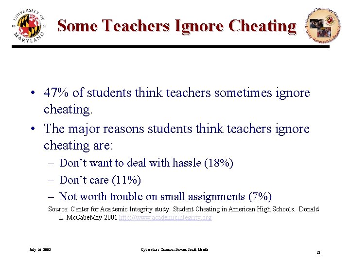 Some Teachers Ignore Cheating • 47% of students think teachers sometimes ignore cheating. •