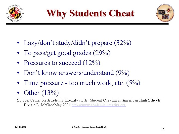 Why Students Cheat • • • Lazy/don’t study/didn’t prepare (32%) To pass/get good grades