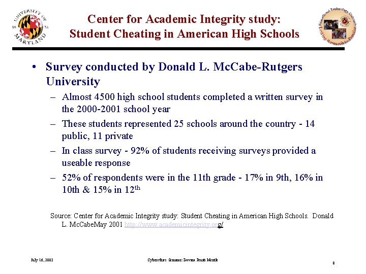 Center for Academic Integrity study: Student Cheating in American High Schools • Survey conducted