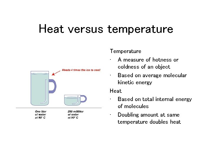 Heat versus temperature Temperature • A measure of hotness or coldness of an object