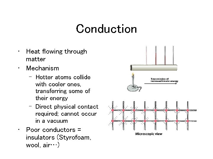 Conduction • Heat flowing through matter • Mechanism – Hotter atoms collide with cooler