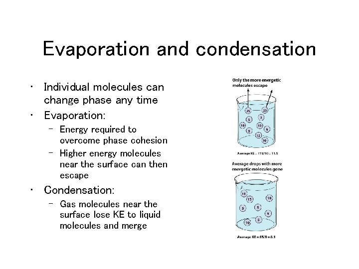 Evaporation and condensation • Individual molecules can change phase any time • Evaporation: – Evaporation and condensation • Individual molecules can change phase any time • Evaporation: –