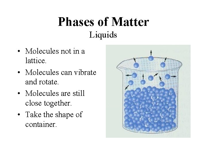 Phases of Matter Liquids • Molecules not in a lattice. • Molecules can vibrate