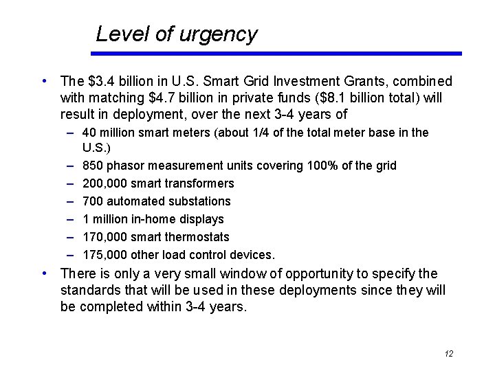 Level of urgency • The $3. 4 billion in U. S. Smart Grid Investment