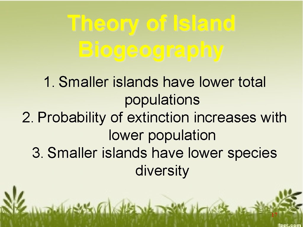 Theory of Island Biogeography 1. Smaller islands have lower total populations 2. Probability of