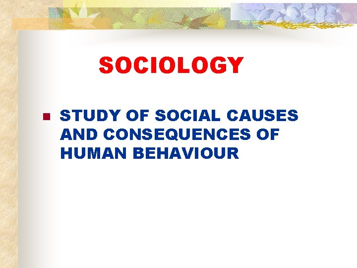 SOCIOLOGY n STUDY OF SOCIAL CAUSES AND CONSEQUENCES OF HUMAN BEHAVIOUR 