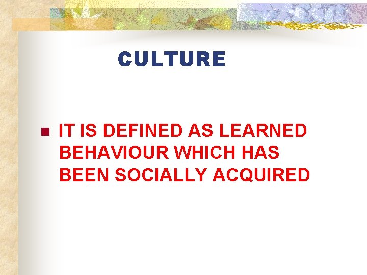 CULTURE n IT IS DEFINED AS LEARNED BEHAVIOUR WHICH HAS BEEN SOCIALLY ACQUIRED 