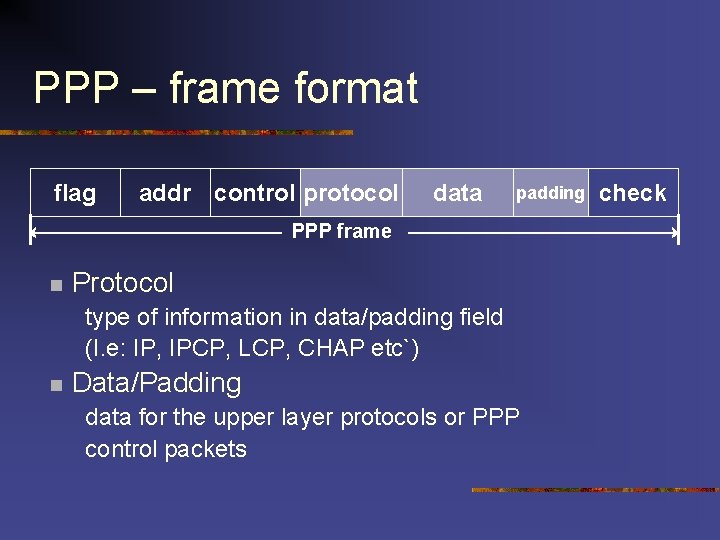 PPP – frame format flag addr control protocol data padding PPP frame n Protocol PPP – frame format flag addr control protocol data padding PPP frame n Protocol