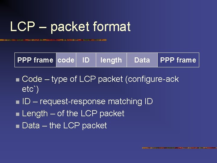 LCP – packet format PPP frame code n n ID length Data PPP frame LCP – packet format PPP frame code n n ID length Data PPP frame