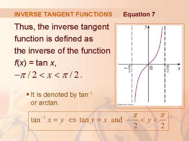 INVERSE TANGENT FUNCTIONS Thus, the inverse tangent function is defined as the inverse of