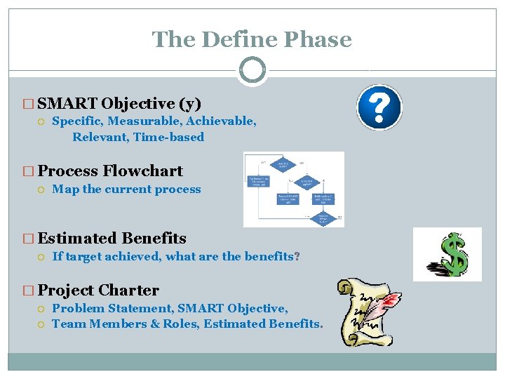 The Define Phase � SMART Objective (y) Specific, Measurable, Achievable, Relevant, Time-based � Process
