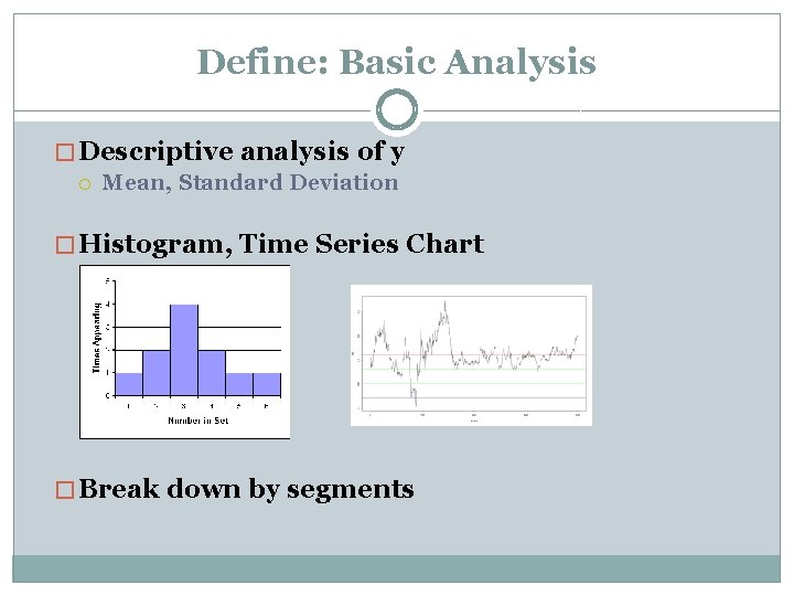 Define: Basic Analysis � Descriptive analysis of y Mean, Standard Deviation � Histogram, Time