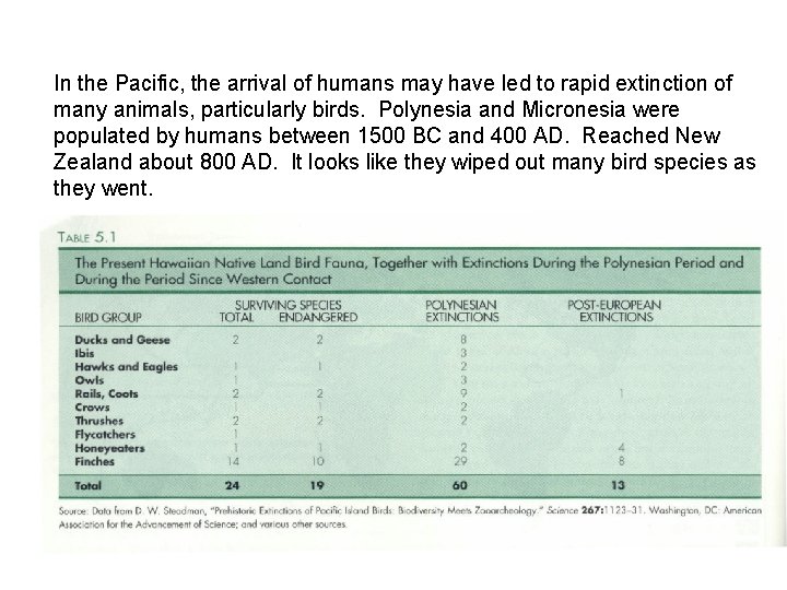 In the Pacific, the arrival of humans may have led to rapid extinction of