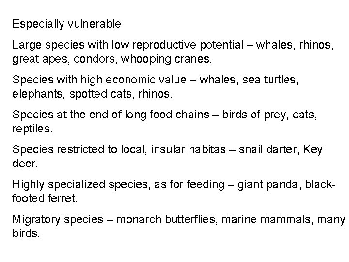 Especially vulnerable Large species with low reproductive potential – whales, rhinos, great apes, condors,