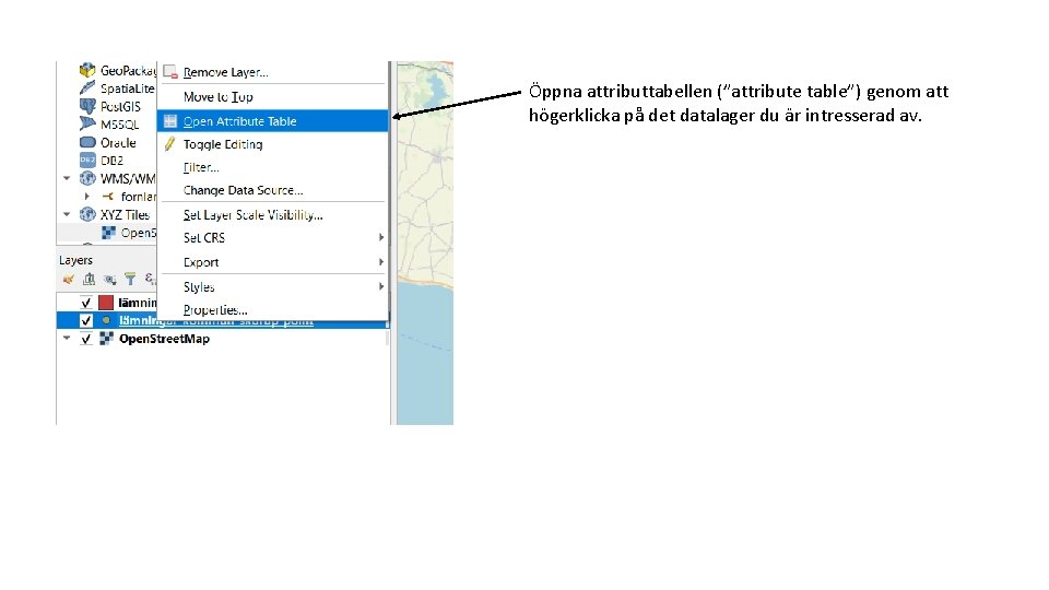 Öppna attributtabellen (”attribute table”) genom att högerklicka på det datalager du är intresserad av.