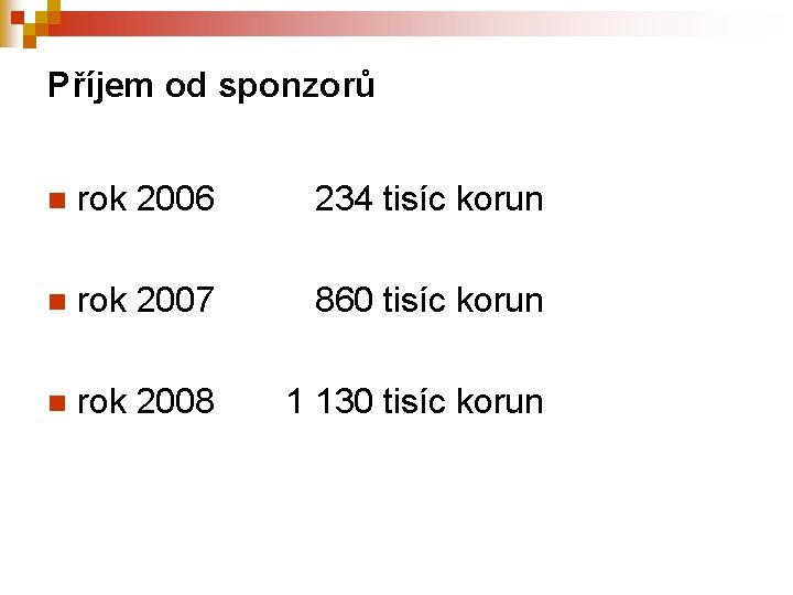 Příjem od sponzorů n rok 2006 234 tisíc korun n rok 2007 860 tisíc