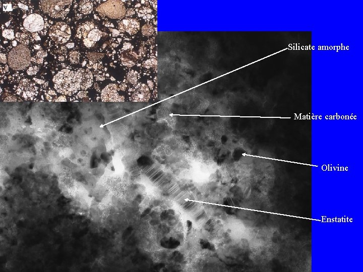 II) Mixé vs. local Matrice des chondrites Silicate amorphe Matière carbonée Olivine Enstatite 