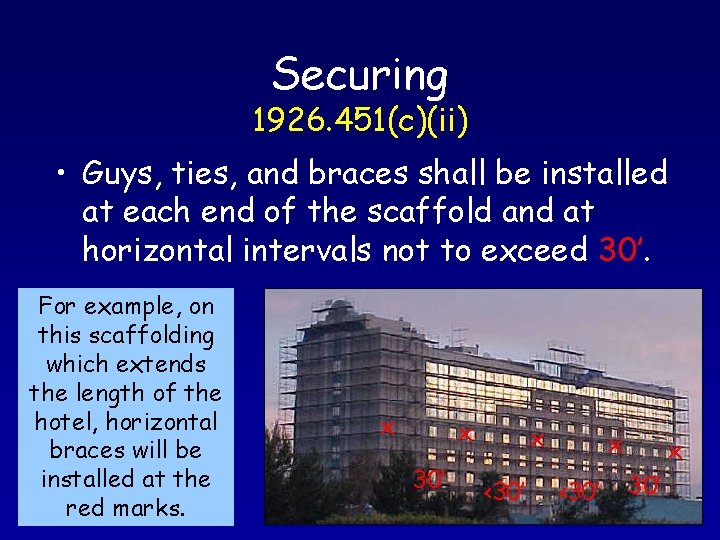 Securing 1926. 451(c)(ii) • Guys, ties, and braces shall be installed at each end