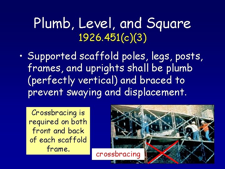 Plumb, Level, and Square 1926. 451(c)(3) • Supported scaffold poles, legs, posts, frames, and