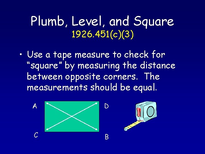 Plumb, Level, and Square 1926. 451(c)(3) • Use a tape measure to check for