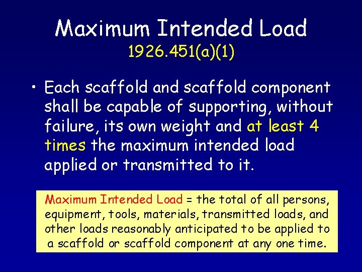 Maximum Intended Load 1926. 451(a)(1) • Each scaffold and scaffold component shall be capable