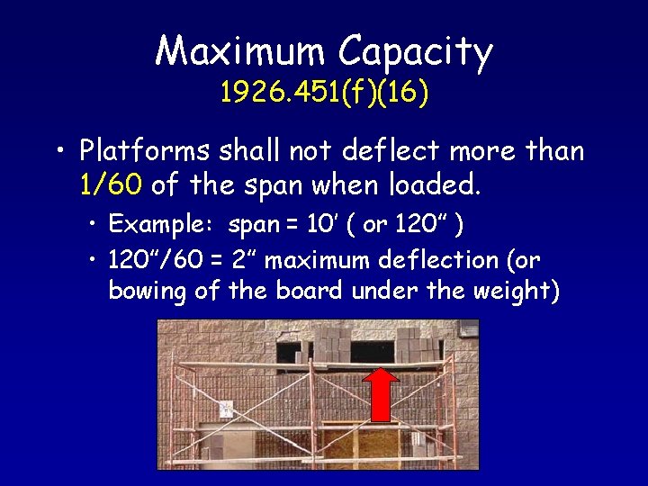 Maximum Capacity 1926. 451(f)(16) • Platforms shall not deflect more than 1/60 of the