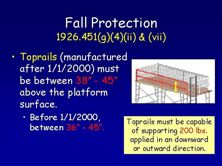 Fall Protection 1926. 451(g)(4)(ii) & (vii) • Toprails (manufactured after 1/1/2000) must be between