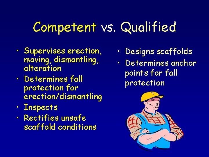 Competent vs. Qualified • Supervises erection, moving, dismantling, alteration • Determines fall protection for