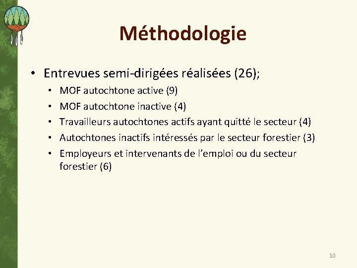 Méthodologie • Entrevues semi-dirigées réalisées (26); • • • MOF autochtone active (9) MOF