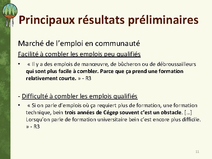 Principaux résultats préliminaires Marché de l’emploi en communauté Facilité à combler les emplois peu