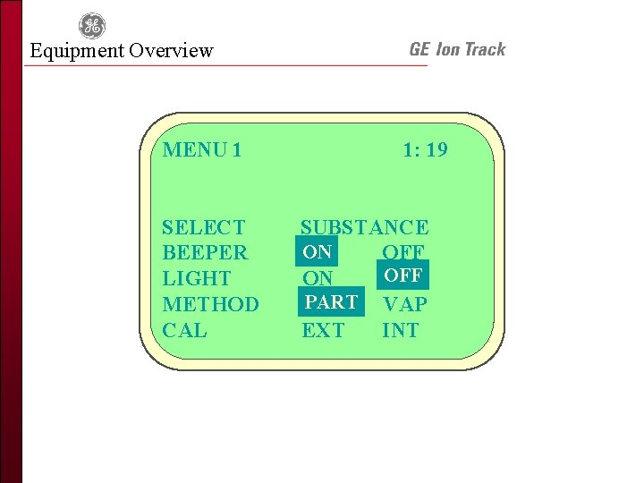 Equipment Overview MENU 1 SELECT BEEPER LIGHT METHOD CAL 1: 19 SUBSTANCE ON OFF