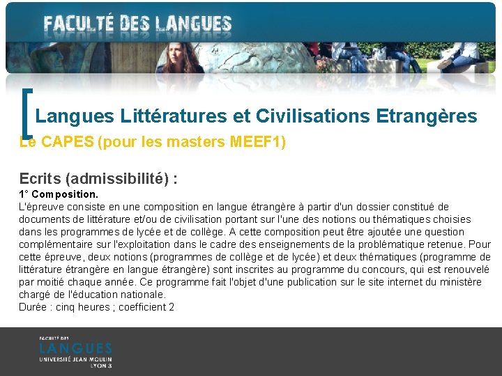 [ Langues Littératures et Civilisations Etrangères Le CAPES (pour les masters MEEF 1) Ecrits