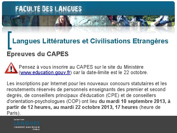 [ Langues Littératures et Civilisations Etrangères Epreuves du CAPES Pensez à vous inscrire au