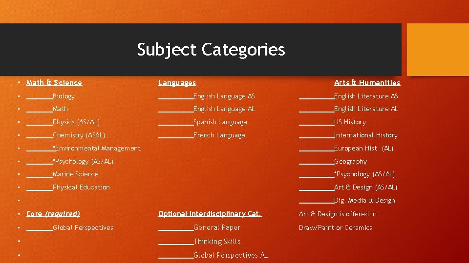 Subject Categories • Math & Science Languages Arts & Humanities • Biology English Language