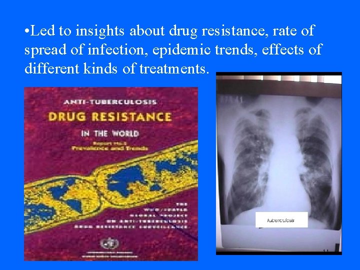  • Led to insights about drug resistance, rate of spread of infection, epidemic