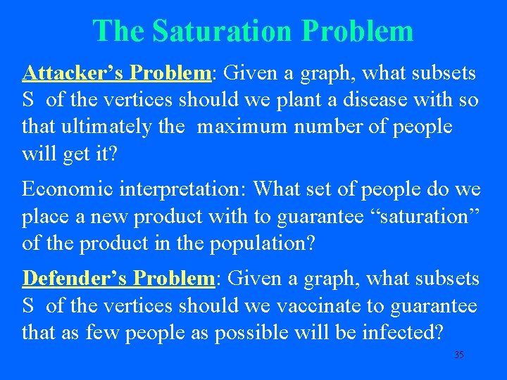 The Saturation Problem Attacker’s Problem: Given a graph, what subsets S of the vertices