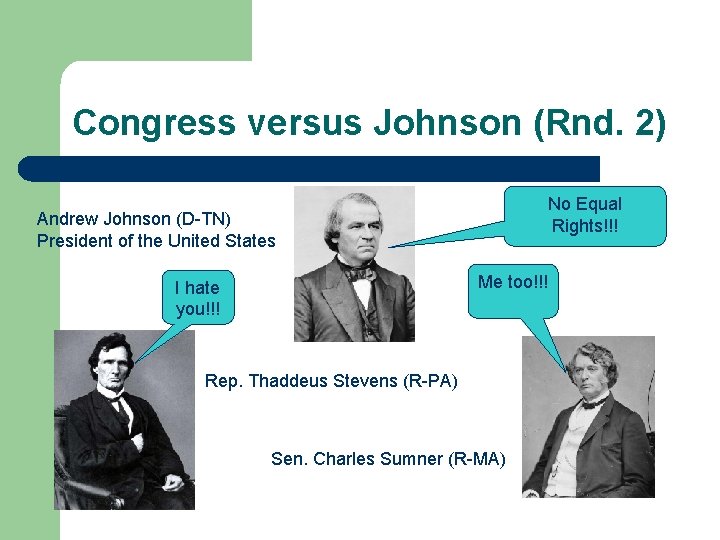 Congress versus Johnson (Rnd. 2) No Equal Rights!!! Andrew Johnson (D-TN) President of the