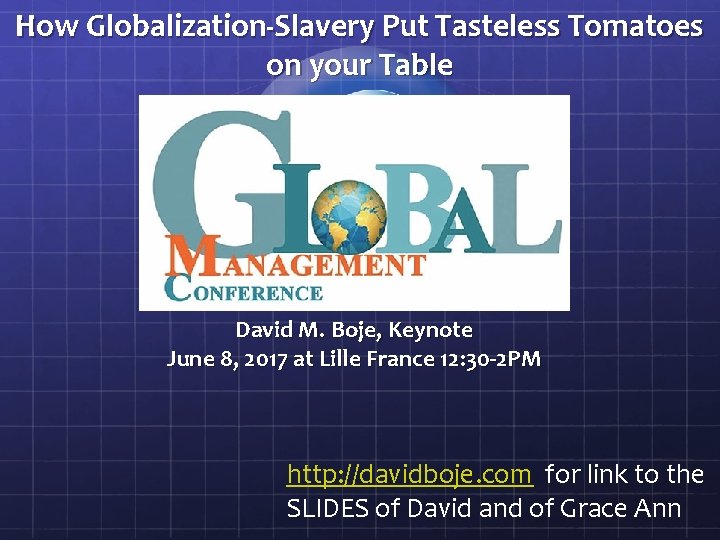 How Globalization-Slavery Put Tasteless Tomatoes on your Table David M. Boje, Keynote June 8,