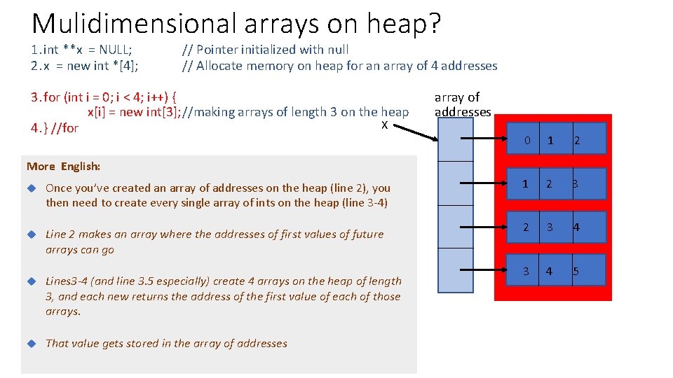 Mulidimensional arrays on heap? 1. int **x = NULL; 2. x = new int